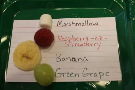 From Bottom to Top: Green Grape, Banana coin, Raspberry or Strawberry, Mini-Marshmallow 
