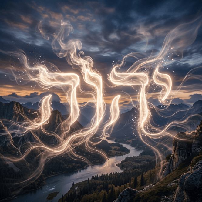 Glowing wisps of light above a mountain valley and winding river