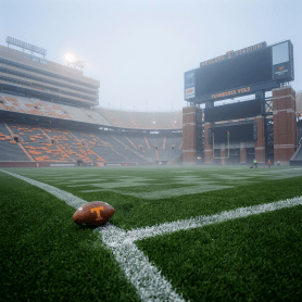Football resting on a muddy field in a foggy stadium