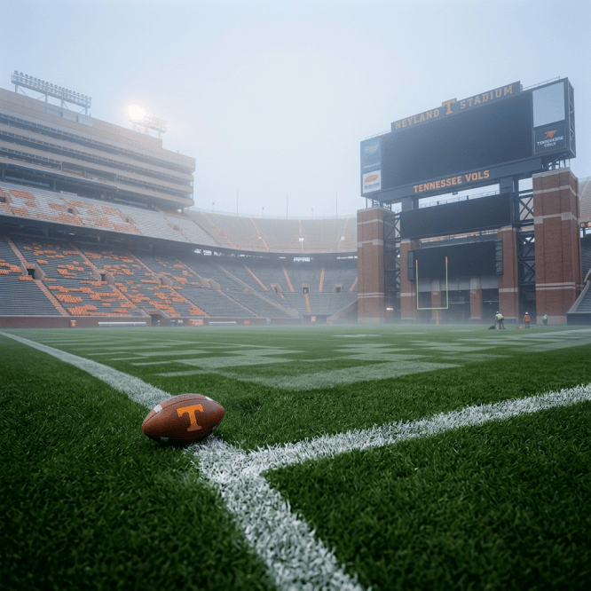 Football resting on a muddy field in a foggy stadium